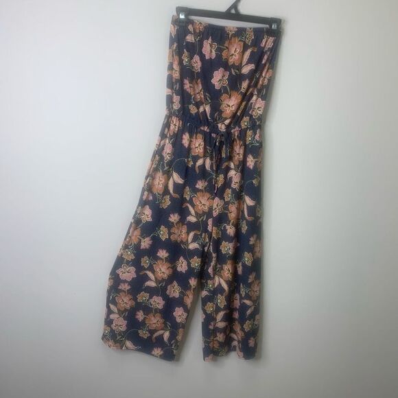 Floral Tube Top Jumpsuit Tie Waist Crop Leg Navy XS (1o1) - Picture 6 of 9
